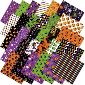 60Pcs Halloween Cotton Fabric Bundles 10 x 10 Inch Halloween Character Fat Quarters Green Purple Black Orange Sewing Fabrics for DIY Craft Party Decor