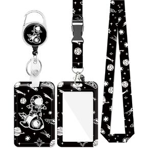 Badge Holder with Adjustable Lanyard and Retractable Badge Reel, Spaceship Astronaut Cartoon Vertical ID Protector Keychain School Student Childent ID Badge Holder