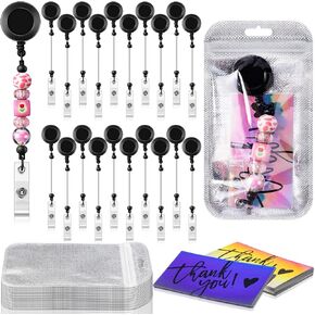 Tondiamo 20 Sets Beadable Badge Reel Set Retractable Clips Holder for Beads 20 ID Name Beaded Badge Reel 20 Resealable Pouch Bag 20 Thank You Cards for Gift Jewelry DIY Craft Making (Multicolor)