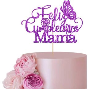 Puprle Feliz Cumpleanos Mama Cake Topper for Mother's Day Party Decor, Butterfly Sign Gold Glitter Happy Birthday Mother Cake Topper, Spanish Best Mom Ever Party Decorations