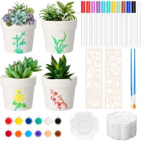 Reallnaive 4 Sets Spring DIY Ceramic Painting Flower Pots Craft Kit Unpainted Ceramic Paintable Ceramic Flowerpots with Drainage Hole Paints Brushes Palettes Ready to Paint for Craft Project Activity