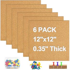 6 Packs Cork Board Tiles 12" x 12", 0.35" Thick Self-Adhesive Cork Boards for Walls with 50 Push Pins, Square Bulletin Boards Cork Tiles for Home Office Decorative