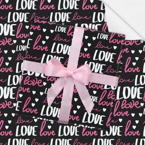Geluode Valentines Day Wrapping Paper, 4 Sheets Love Wrapping Paper 20x28 inches Per Sheet in Black Art Paper with 1 Roll Pink Ribbon, Folded Flat Gift Wrap for Valentines Day, Engagements, Wedding