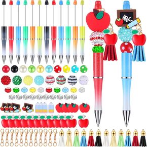 Jutom 12 Pcs Teacher Beadable Pens with 50 Pcs Colorful Beads 12 Tassels 12 Pendants Assorted Silicone Focal Bead for DIY Making Kit Pens for Office Teacher Gift