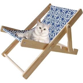 Wooden Cat Lounge Chair,Natural Solid Wood Elevated Cat Beach Chair with Sturdy Canvas,Adjustable Kitty Hammock Bed for Outdoor Indoor Kittens Rabbits Large Pets Under 22 Pounds