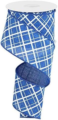 Thick/Thin Diagonal Check Wired Edge Ribbon - 10 Yards (Royal Blue, White, 2.5 Inch) in Saudi Arabia