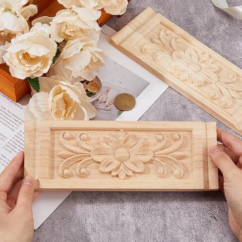 SUPERFINDINGS 2pcs Rectangle Wood Carved Applique 22x8cm/8.66x3.15inch Frame Onlay Flower Wood Carved Decal Unpainted Furniture Decoration for Home Door Cabinet in Kuwait