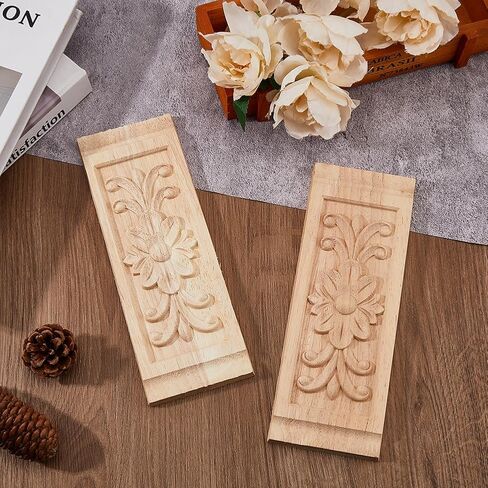 SUPERFINDINGS 2pcs Rectangle Wood Carved Applique 22x8cm/8.66x3.15inch Frame Onlay Flower Wood Carved Decal Unpainted Furniture Decoration for Home Door Cabinet in Kuwait