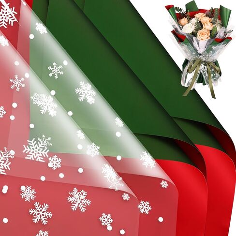 Whaline 40Pcs Christmas Flower Wrapping Papers Double Color Red Green Floral Packaging Papers with Snowflakes Cellophane Florist Bouquet Wrapping Papers, 23 x 23 Inch in Kuwait