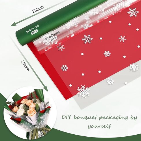 Whaline 40Pcs Christmas Flower Wrapping Papers Double Color Red Green Floral Packaging Papers with Snowflakes Cellophane Florist Bouquet Wrapping Papers, 23 x 23 Inch in Kuwait