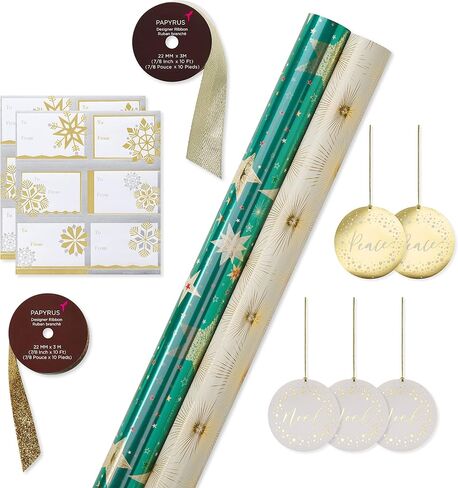 Papyrus Christmas Wrapping Paper Set, Teal & Gold Stars, Gold Stars (2 Rolls 45 sq. ft., 2 Ribbons, 5 Tags, 12 Labels) in Saudi Arabia