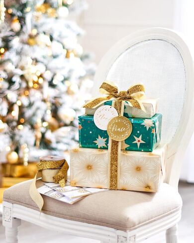 Papyrus Christmas Wrapping Paper Set, Teal & Gold Stars, Gold Stars (2 Rolls 45 sq. ft., 2 Ribbons, 5 Tags, 12 Labels) in Saudi Arabia