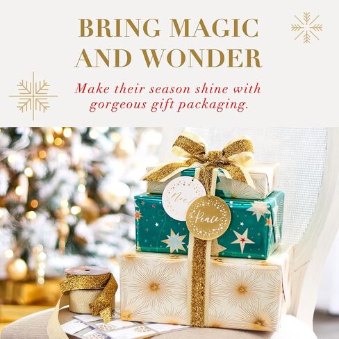 Papyrus Christmas Wrapping Paper Set, Teal & Gold Stars, Gold Stars (2 Rolls 45 sq. ft., 2 Ribbons, 5 Tags, 12 Labels) in Saudi Arabia