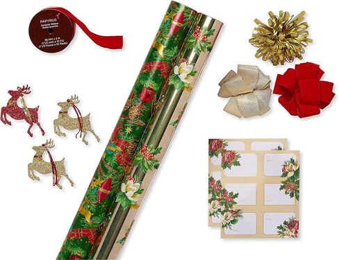 Papyrus Christmas Wrapping Paper Set, Teal & Gold Stars, Gold Stars (2 Rolls 45 sq. ft., 2 Ribbons, 5 Tags, 12 Labels) in Saudi Arabia