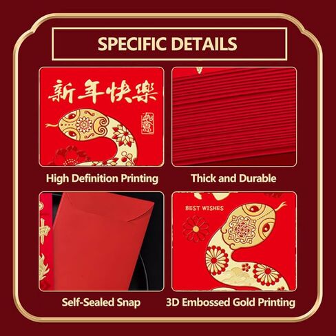 36Pcs Large Chinese New Year Red Envelopes 2025 Snake Lucky Money Red Envelope Packets Lunar Year Hong Bao with 6 Patterns - 3.54 x 6.7 inch in Saudi Arabia