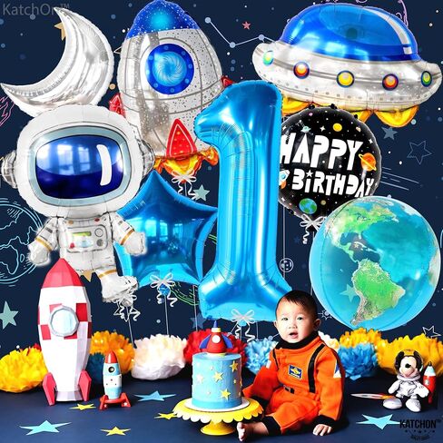 Katchon ، Big Space Balloons مجموعة عيد ميلاد أول - 40 بوصة ، حزمة من 8 | الرحلة الأولى حول بالونات الشمس ، بالون رقم 1 | بالونات عيد ميلاد الأزرق للفضاء في الرحلة الأولى حول زينة الشمس in Saudi Arabia