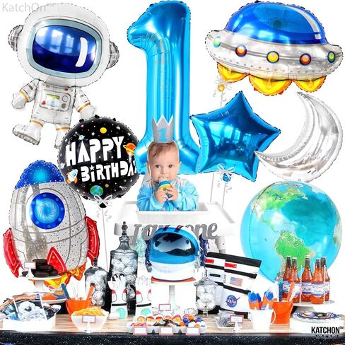 Katchon ، Big Space Balloons مجموعة عيد ميلاد أول - 40 بوصة ، حزمة من 8 | الرحلة الأولى حول بالونات الشمس ، بالون رقم 1 | بالونات عيد ميلاد الأزرق للفضاء في الرحلة الأولى حول زينة الشمس in Saudi Arabia