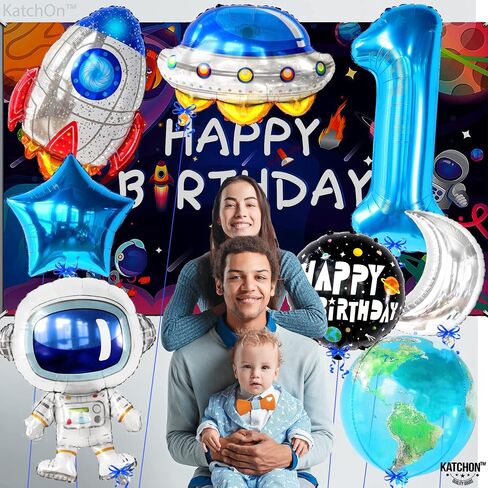 Katchon ، Big Space Balloons مجموعة عيد ميلاد أول - 40 بوصة ، حزمة من 8 | الرحلة الأولى حول بالونات الشمس ، بالون رقم 1 | بالونات عيد ميلاد الأزرق للفضاء في الرحلة الأولى حول زينة الشمس in Saudi Arabia