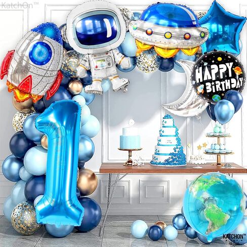 Katchon ، Big Space Balloons مجموعة عيد ميلاد أول - 40 بوصة ، حزمة من 8 | الرحلة الأولى حول بالونات الشمس ، بالون رقم 1 | بالونات عيد ميلاد الأزرق للفضاء في الرحلة الأولى حول زينة الشمس in Saudi Arabia
