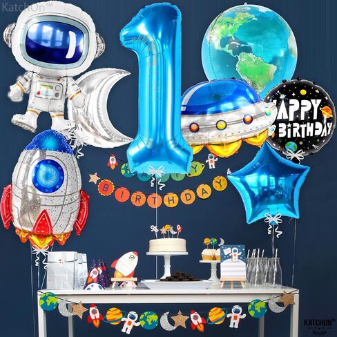 Katchon ، Big Space Balloons مجموعة عيد ميلاد أول - 40 بوصة ، حزمة من 8 | الرحلة الأولى حول بالونات الشمس ، بالون رقم 1 | بالونات عيد ميلاد الأزرق للفضاء في الرحلة الأولى حول زينة الشمس in Saudi Arabia