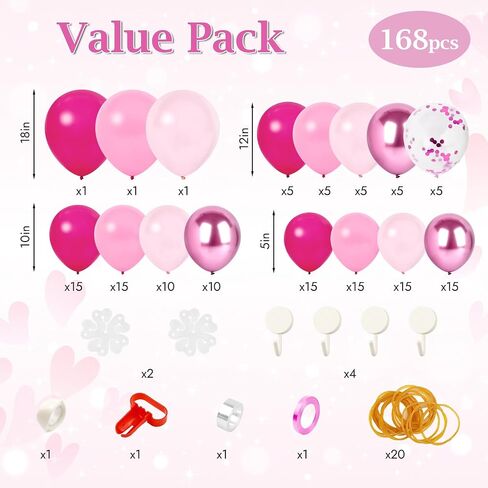 Pink Balloon Arch Kit, 168 Pcs Hot Pink Balloon Garland, 18 12 10 Inch Confetti Latex Metallic Balloons for Birthday Princess Wedding Baby Shower Party Decorations in Saudi Arabia