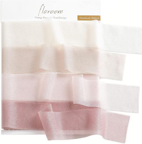 Floroom Chiffon Ribbon Shiny Ribbon Ombre Colors مخطط لدعوات الزفاف ، باقات الزفاف ، غلاف الهدايا ، الزخارف ، الحرف اليدوية (كريم +عارية +أحمر الخدود +دبوس الوردة) in Kuwait