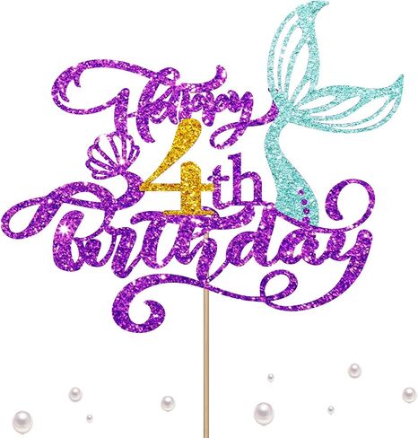 Mermaid 4 Cake Topper, Happy 4th Birthday Cake Decor for Baby Girl, Little Mermaid 4th Birthday Party Decoration, Under the Sea Themed Party Supplies - Purple Glitter in Saudi Arabia