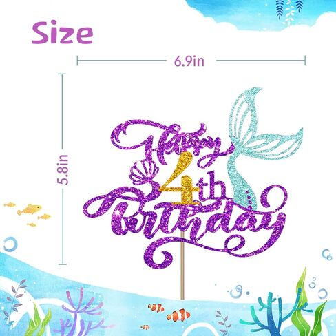 Mermaid 4 Cake Topper, Happy 4th Birthday Cake Decor for Baby Girl, Little Mermaid 4th Birthday Party Decoration, Under the Sea Themed Party Supplies - Purple Glitter in Saudi Arabia