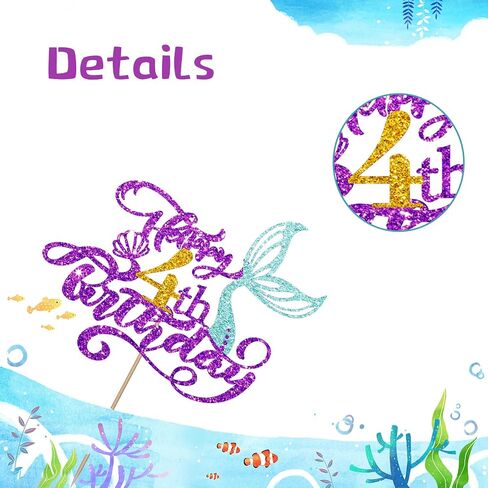 Mermaid 4 Cake Topper, Happy 4th Birthday Cake Decor for Baby Girl, Little Mermaid 4th Birthday Party Decoration, Under the Sea Themed Party Supplies - Purple Glitter in Saudi Arabia