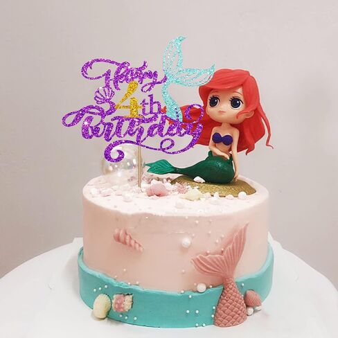 Mermaid 4 Cake Topper, Happy 4th Birthday Cake Decor for Baby Girl, Little Mermaid 4th Birthday Party Decoration, Under the Sea Themed Party Supplies - Purple Glitter in Saudi Arabia