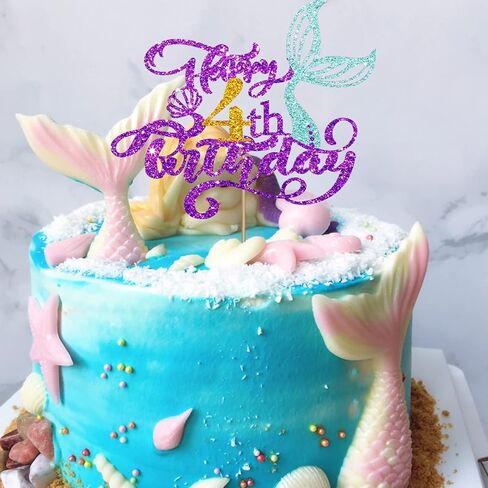 Mermaid 4 Cake Topper, Happy 4th Birthday Cake Decor for Baby Girl, Little Mermaid 4th Birthday Party Decoration, Under the Sea Themed Party Supplies - Purple Glitter in Saudi Arabia