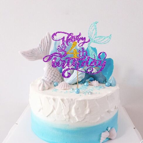 Mermaid 4 Cake Topper, Happy 4th Birthday Cake Decor for Baby Girl, Little Mermaid 4th Birthday Party Decoration, Under the Sea Themed Party Supplies - Purple Glitter in Saudi Arabia