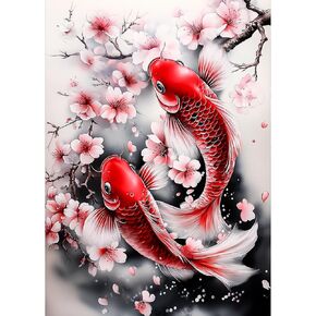 Lxmsja Koi Fish Diamond Art Kits for Adults, Flower DIY Full Drill Diamond Painting Kits for Beginners, 5D Gem Art Crafts for Adults, Home Wall Decor 12x16 inch