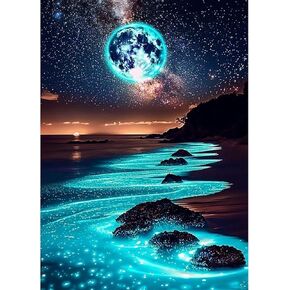 Lxmsja Moon Diamond Art Kits for Adults, Beach DIY Full Drill Diamond Painting Kits for Beginners, 5D Gem Art Crafts for Adults, Home Wall Decor 12x16 inch