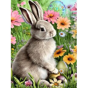 DVWIVGY Rabbit Diamond Painting Kits, Adult Rhinestone Painting for Beginners, Full Drill Diamond Easter Rabbit Flower Painting Art Craft for Home Wall Diamond Art Decor 12 x 16 inch