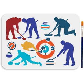 MAYJOYDIY A4 Size Curling Sports Painting Stencil with Paint Brush 11.7x8.3inch Reusable Curling Athletes Plastic Stencil Campaign Theme Template for Wall Home Decor DIY Craft Canvas