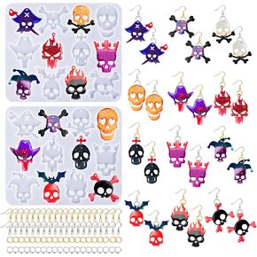 Rifanda 82PCS Halloween Earring Mold Kits, 12Pairs Halloween Earring Mold with 40 Earring Hooks Skull Earring Epoxy Resin Jewelry Mold Halloween Pendant Keychain