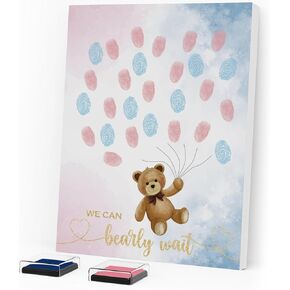 Gender Reveal Fingerprint Tree Bear, Bear Theme Baby Shower Guest Book Decoration Set, Canvas Painting Gender Reveal Party Creative Souvenirs