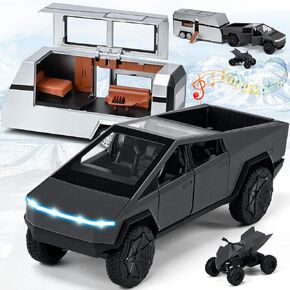 INGQU® 1/24 Cybertruck Toy, Alloy Diecast Truck Toy with RV Motorcycle, 3-in-1 Pickup Trail Pull-Back Model Kit with Sound and Light, for Kids Boys Girls, Silver