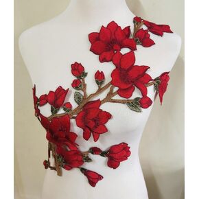 1pcs Beautiful Flower Large Water Soluble Embroideried Fabric National Trend Applique Patch Sew Clothes Accessories (Color C Red)