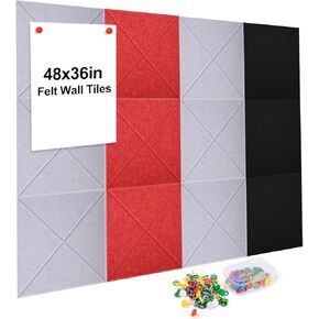 Large Cork Board Alternative 48"x36" 12 Pack Felt Bulletin Board Felt Wall Tiles with 50 Push Pins, Pin Board Notice Boards for Home Office Kitchen