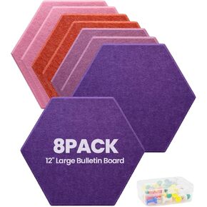 8 Pack Hexagon Felt Bulletin Board Tiles, 12" DIY Felt Wall Panels with Removable Adhesive & 40 Push Pins, Cork Board Replacement for Office, School, Wall Decor, Soundproof, Purple