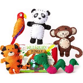 BRYTE JUNGLE Animal Ship Kit للأطفال الذين تتراوح أعمارهم بين 7 - فنون وحرف DIY شعرت مجموعة خياطة لأعياد الميلاد والأعياد مع 5 حيوانات محسوسة مسبقًا وإبرًا وخيطًا وتعليمات ومزيد
