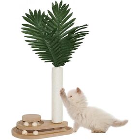 Cat Scratching Post, 23.6" Green Leaves Tall Scratching Post, 2 Layer Cat Ball Track Toy with 4 Removable Balls, Interactive Cat Toy with Natural Sisal Scratch Pole