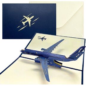 Airplane Pop Up Card, 3D Popup Greeting Cards with Envelope Aircraft for Travel Birthday Graduation Gift Men (Blue)