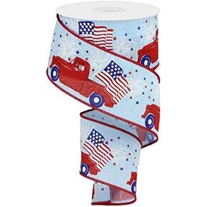 Patriotic Vintage Truck Wired Edge Ribbon - 2.5" x 10 Yards (Pale Blue)