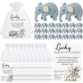 Lincia 24 Sets Good Luck Gifts Little Elephant Charm with Story Card and Gift Bags 24 Resin Miniature Elephant Figurines 24 Good Luck Cards 24 Organza Pouches for Friend Coworkers Employee