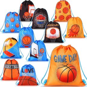 12 Pcs Sports Party Favor Sports Drawstring Gift Bags Travel Sports Candy Goodie Bags for Party Workout Supplies (Basketball, 12 x 14 Inch)