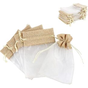 GULELAYAR 30pc Linen Jute Organza Bags - 4x6 Inch Mesh Chiffon Gift Candy Jewelry Pouches Drawstring Bags for Wedding Easter Party Favors Christmas
