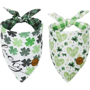 CROWNED BEAUTY St Patricks Day Dog Bandanas Reversible Small 2 Pack, 4 Leaf Clovers Set, Lucky Green Shamrocks Hearts Plaid Adjustable Triangle Reversible Scarves for Dogs Girl Boy Pets DB29-S